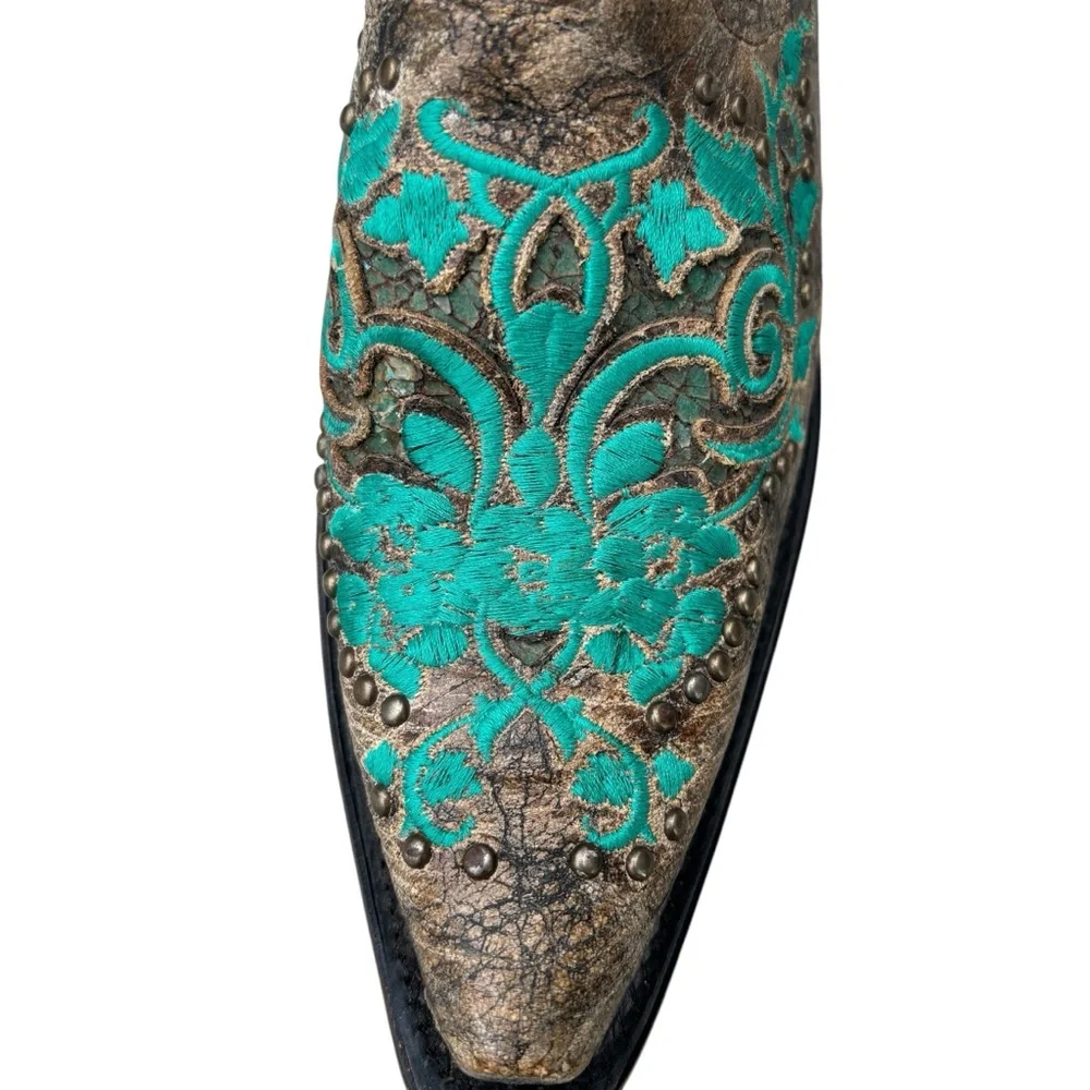 CORRAL Boots Dark Antique Saddle Floral Turquoise Inlay & Studs 6.5 - Picture 8 of 16